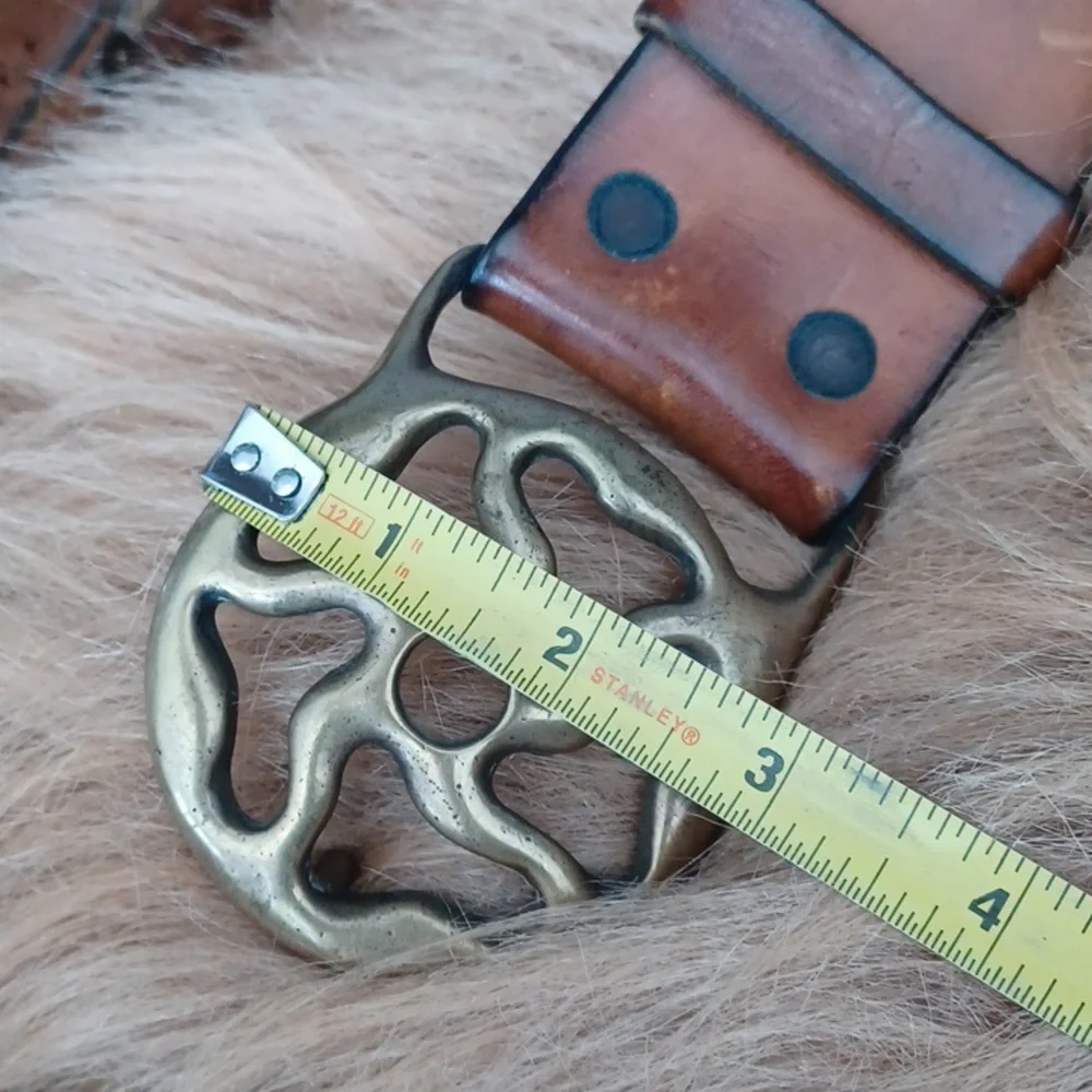 Vintage Chunky Distresed Brown Leather Belt with Brass Accents